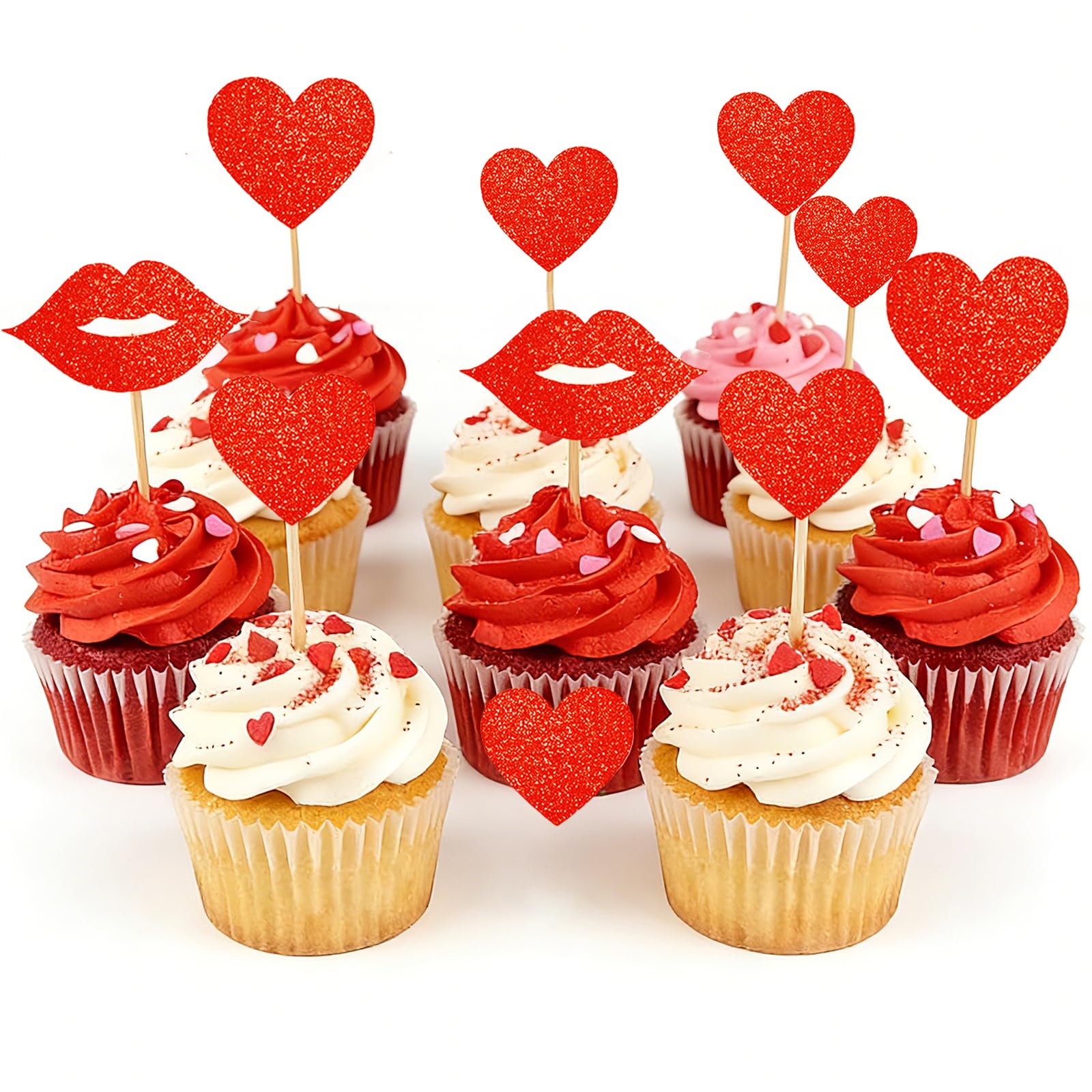 Photo 1 of 40Pcs Valentines Cupcake Toppers Red Heart & Lips Glitter Love Picks for Valentine's Day Anniversary Wedding Birthday Party Cake Decorations