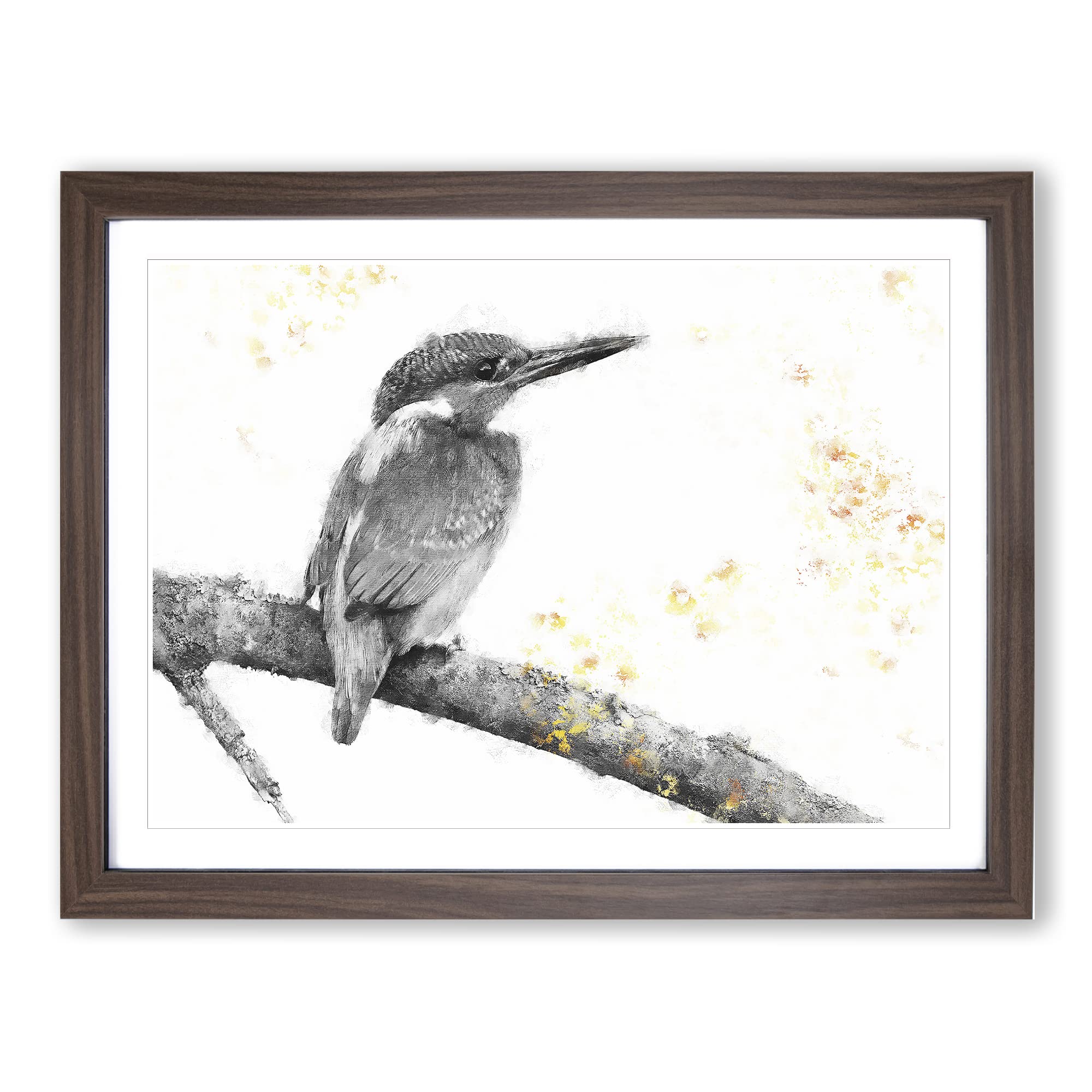 Kingfisher Bird On A Branch Painting Modern Art Framed Wall Art Print, Ready to Hang Picture for Living Room Bedroom Home Office Décor, Walnut A4 (34 x 25 cm)
