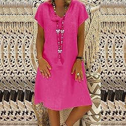 Women's Summer Cotton Linen Dress Loose V-Neck