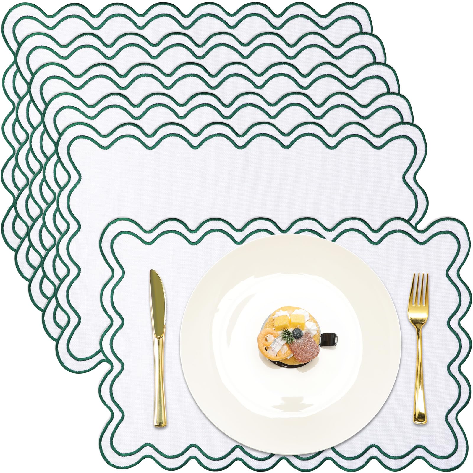 Photo 1 of HunnmingRe Set of 6 Cotton Linen Placemats, 13x19 Inch Scalloped Wavy Embroidery Placemat Double Layered Washable Rustic Rectangle Dinner Table Mats for Kitchen Christmas(White with Dark Green)