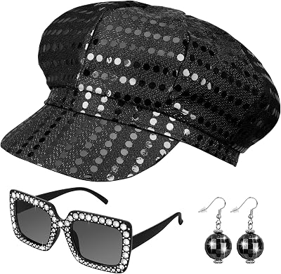 Dreamtop 3Pcs Sequin Black Hat Sunglasses Earrings Party Set for Abba 70s
