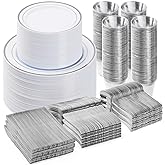 BESTVIP 600PCS Silver Dinnerware Set for 100 Guests, Plastic Plates for Party, 100 Silver Disposable Plates, 100 Dessert Plates, 100 Cups, 100 Spoons, 100 Forks and 100 Knives