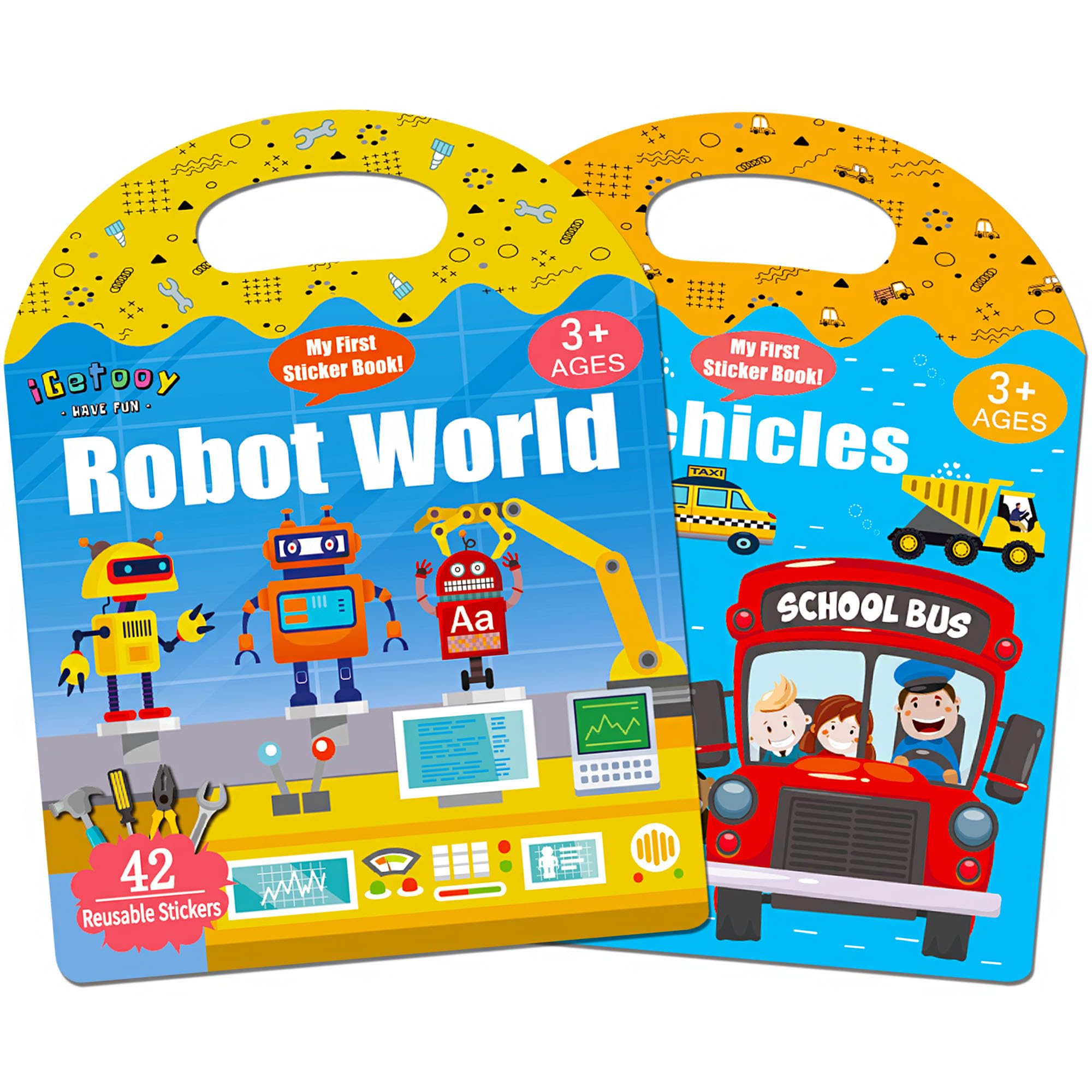 Reusable Sticker Books for Toddlers, 2 Sets Sticker Book 87Pcs Stickers for Toddlers 3+ Years, Airplane Travel Essentials Kids for Toddlers (Robot World/Vehicles)