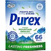 Purex Fresh Mountain Breeze Laundry Detergent Pacs, 66 Count | Convenient single-use pods, dissolves in all water temperatures, effective stain removal, crisp scent, mess-free washing