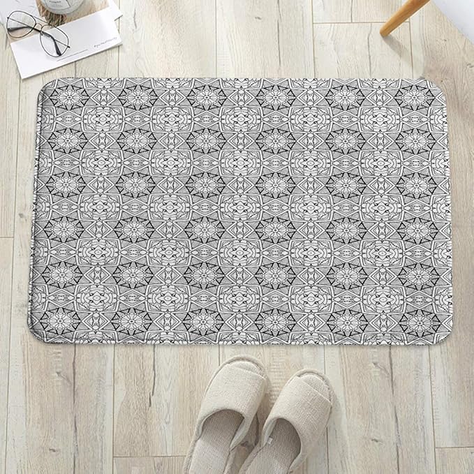 Bathroom Mats Non Slip,Black and White,Ethnic Lace Pattern with