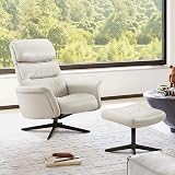CHITA Genuine Leather Self-Weight Reclining Swivel Chair with Adjustable Headrest and Ottoman for Living Room, Office, Light Grey