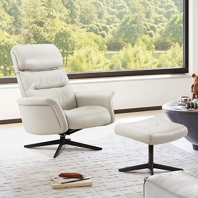CHITA Genuine Leather Self-Weight Reclining Swivel Chair with Adjustable Headrest and Ottoman for Living Room, Office, Light Grey