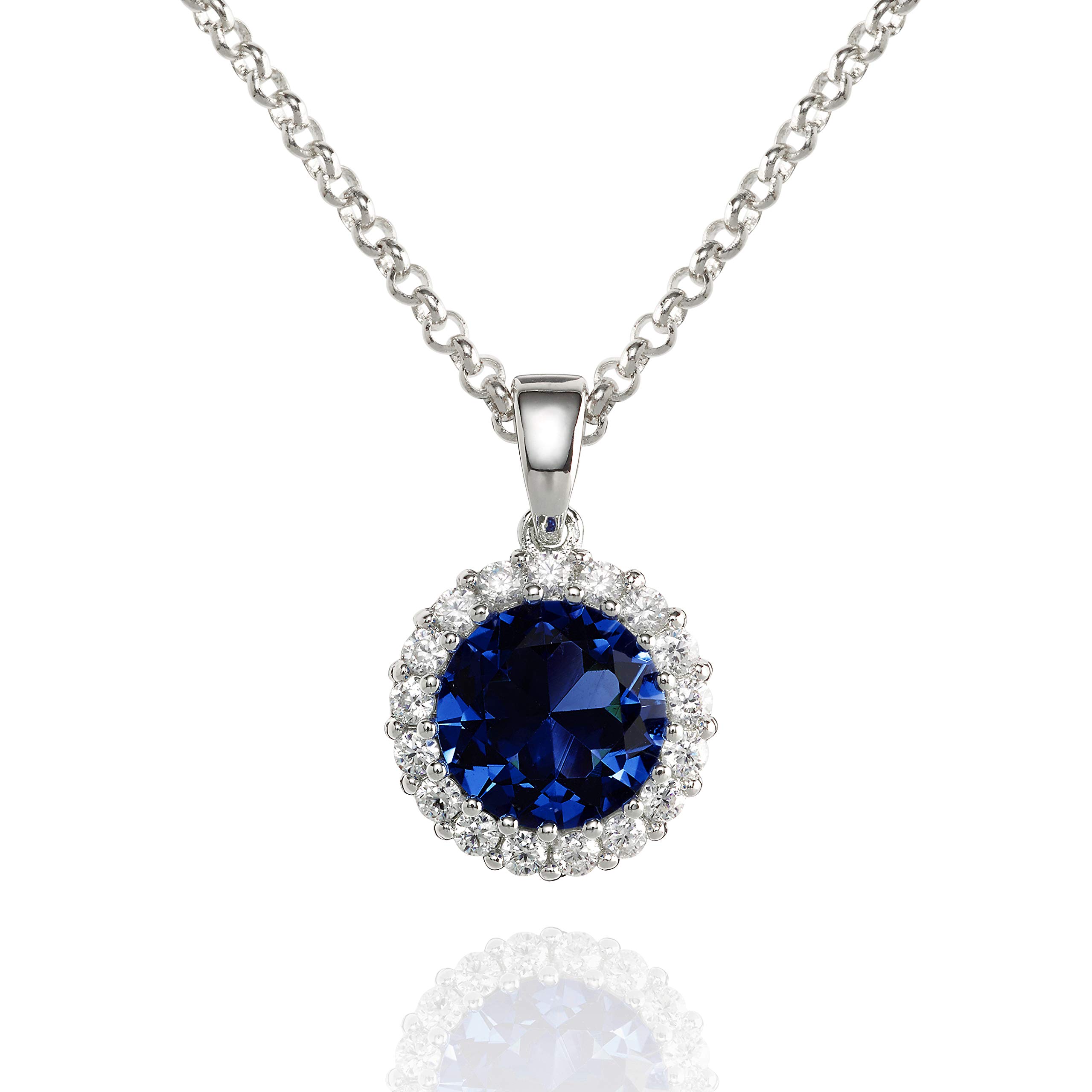namana Halo Necklace with a Sapphire Blue Cubic Zirconia. Silver Halo Drop Pendant Necklace with a Blue Stone