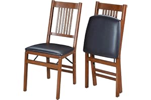 MECO Stakmore True Mission Wooden Folding Chairs with Padded Seats, Set of 2 - No Assembly Foldable Dining Chairs, Steel Folding Mechanism, Upholstered Cushion, Space-Saving, Fruitwood Frame