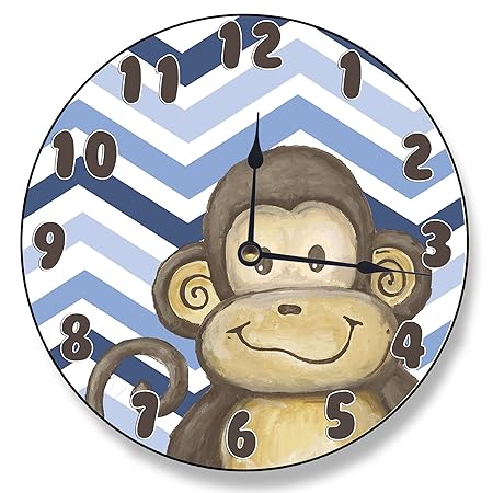 Stupell Home Decor Lil Buddy Monkey Blue Chevron Clock, 12 x 0.4 x 12, Proudly Made in USA