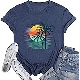 Hawaiian Shirts Women Palm Trees Shirt Hawaii Sunset Graphic Tees Summer Beach Tops Vacation Camping Outfits