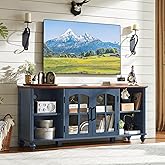 RWYHG Farmhouse TV Stand for 60 Inch TV, Wood Entertainment Center with Glass Door Storage Cabinet & Adjustable Shelves,Television Stands for 65" TVS, TV Console Table for Living Room,Bedroom,Blue