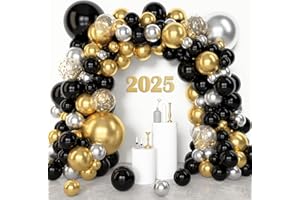 Amandir 153pcs Black and Gold Balloons Arch Garland Kit Different Sizes 18 12 10 5inch Silver Latex Metallic Confetti Balloons for Happy New Years Decorations 2025 Birthday New Year Eve Party Supplies