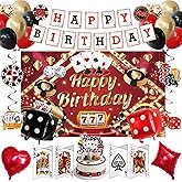 Crenics Casino Birthday Party Decorations - Casino Birthday Backdrop, Banner, Hanging Swirls, 3D Table Card, Balloons and Cake Topper for Poker Theme Party Supplies