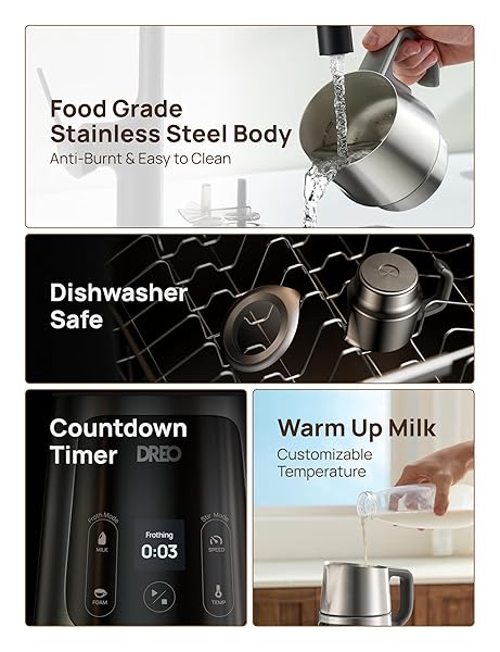 DREO ALL-IN-1 MILK FROTHER, ELECTRIC FOAM FROTHER FOR LATTE ART MICROFOAM AND COFFEE, 15OZ/450ML AUTOMATIC MILK WARMER WITH 30 DRINKS, DISHWASHER SAFE, DAIRY/PLANT-BASED MILK