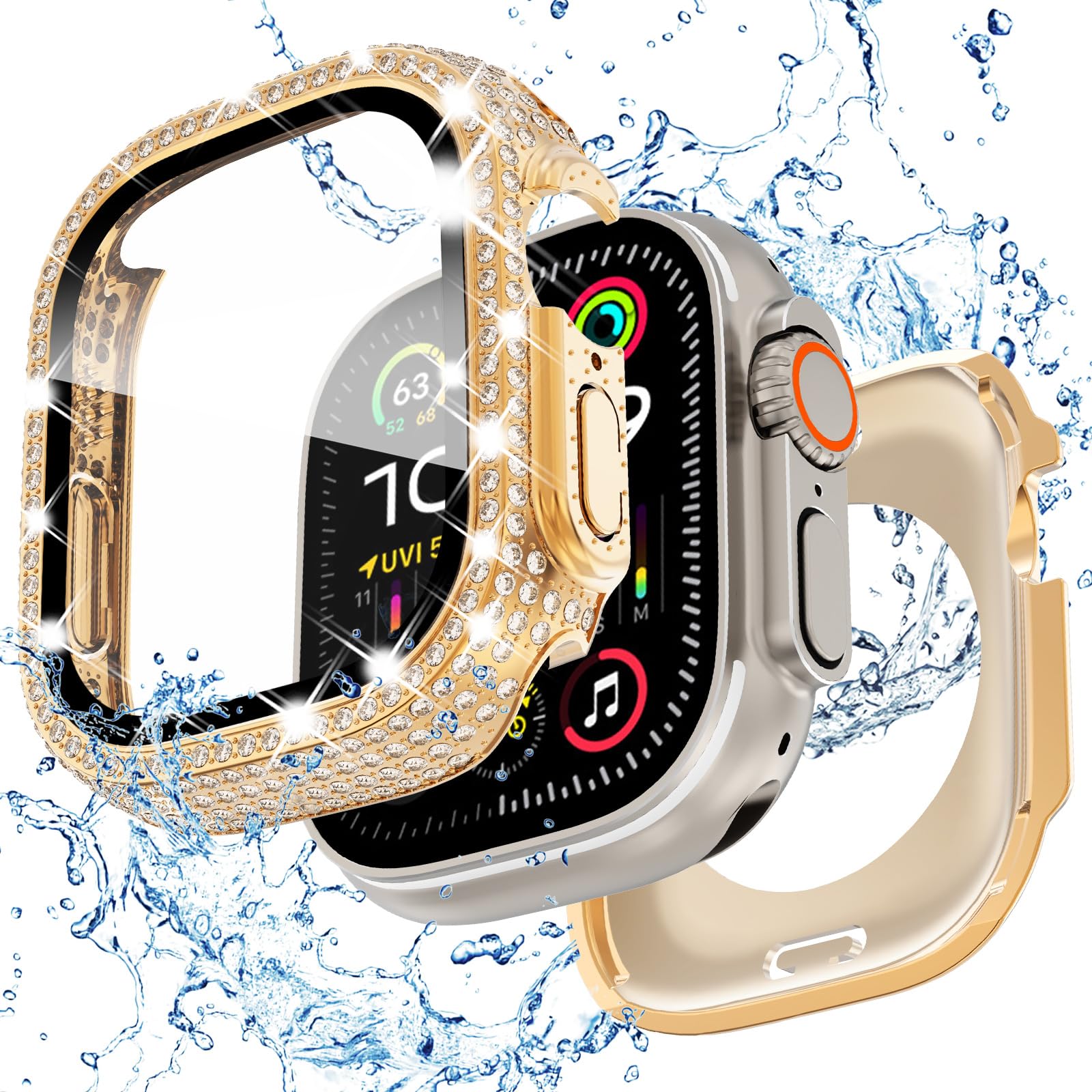 KADES 2 in 1 Bling Waterproof Case for Apple Watch Ultra 3 2 1 49mm, 360 Protective PC Cover Front & Back with Tempered Glass Screen Protector, [Full Diamond] Watch Case for Women, Rose Gold