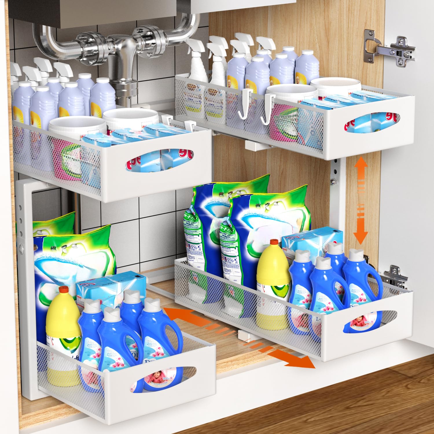 Housolution Under Sink Organizer, 2 Tier Metal Pull Out Under Sink Storage with Sliding Mesh Drawers, Height Adjustable Slide Out Under Sink Organizer for Kitchen Bathroom Cabinet, 2 Pack, White Image