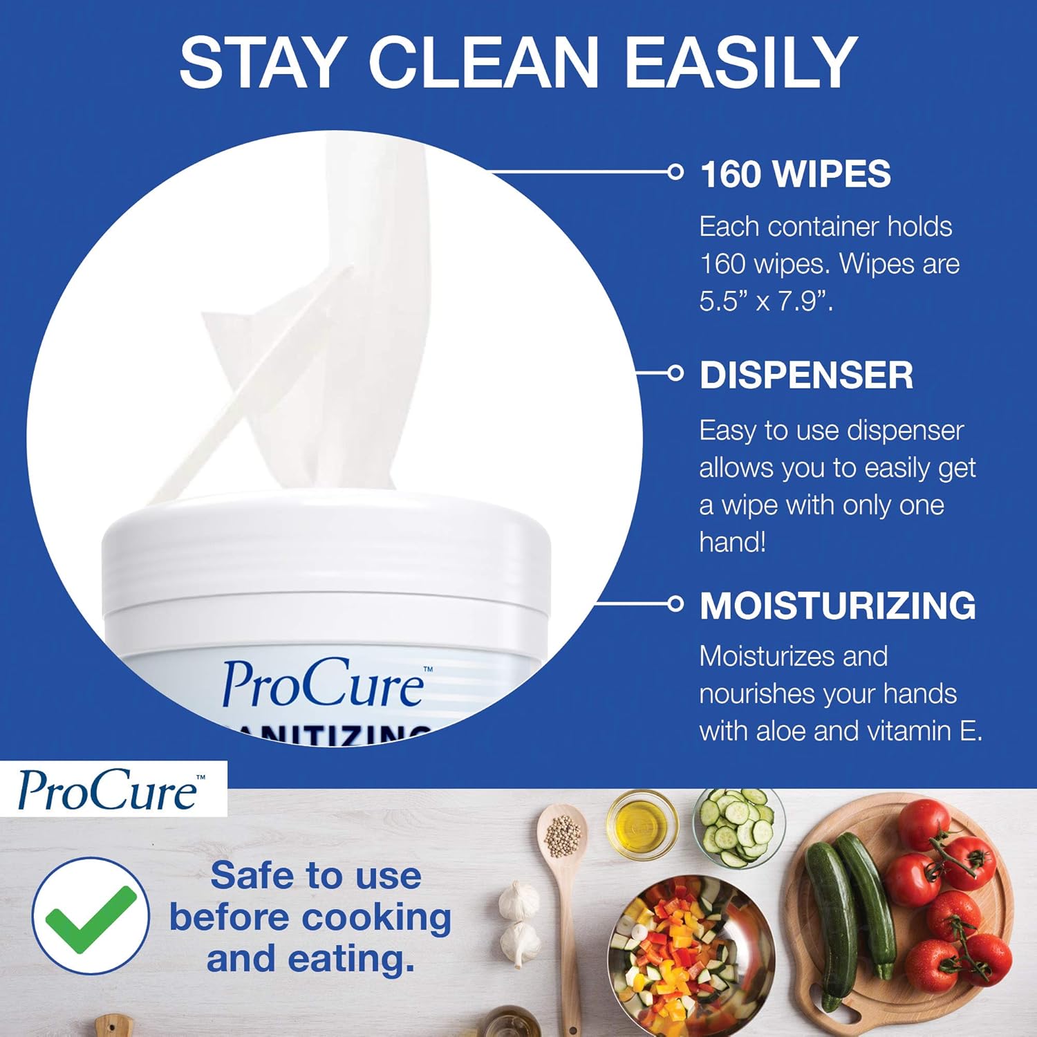 ProCure Hand Sanitizing Wipes Canister – 160 Wipes - Moisturizing Formula with Aloe and Vitamin E - Kills 99.99% of Germs – Safe Before Eating - 5.5" x 7.9" Antiseptic Cleansing Cloths: Health & Personal Care
