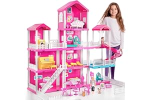 JUKUDAHU Pink Villa Playset for Girls Ages 3-7, 4-Story 10-Room House with 2 Dolls, Furniture & Accessories, Pretend Play Toddler Toy, Birthday Gifts for Kids 3-8