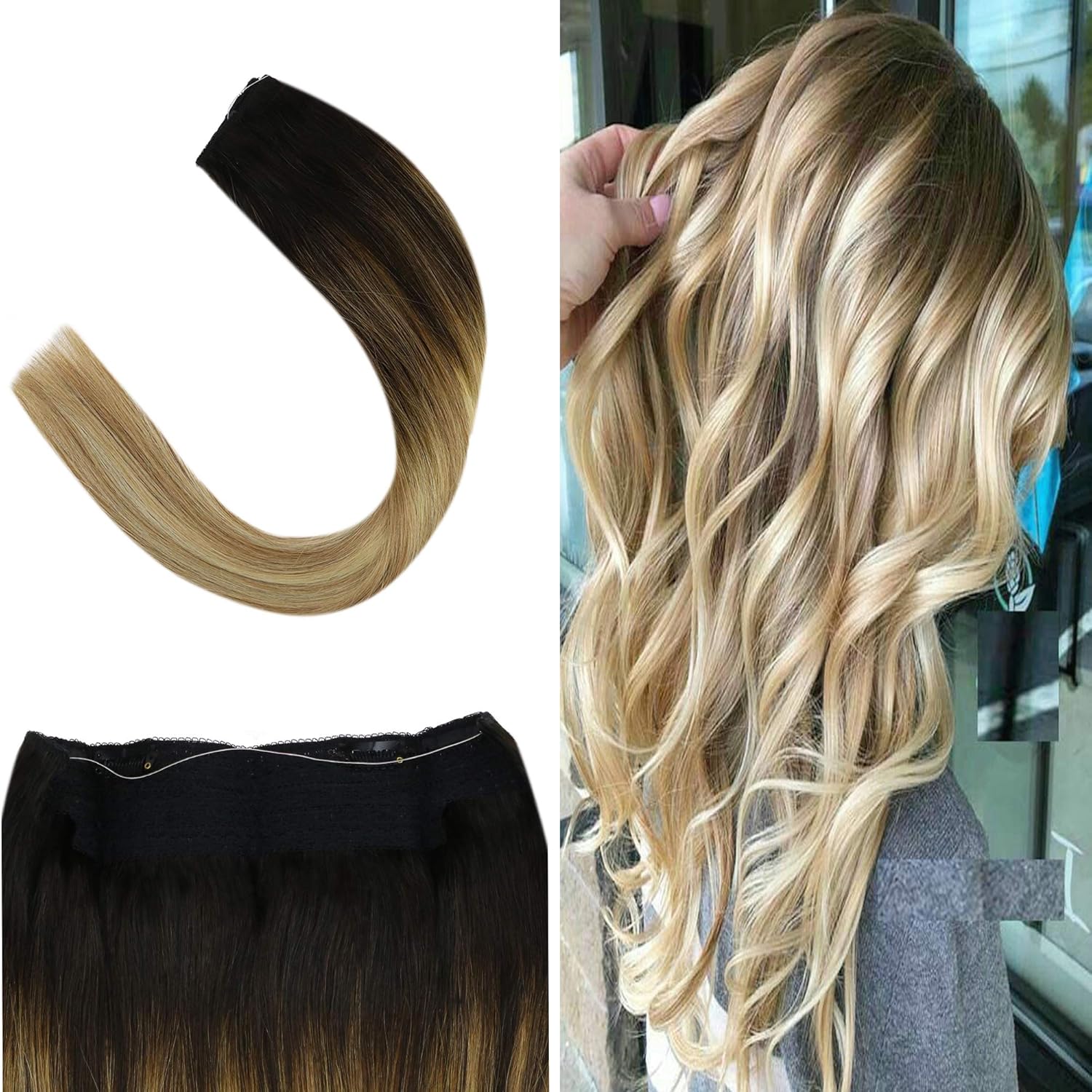 Youngsee 14inch Remy Halo Hair Extensions Balayage Darkest