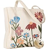 Miss Adola Embroidery Tote Bag with Pocket & Buckle - Reusable Canvas Tote for Women Cute Aesthetic Work Shopping Grocery Bag
