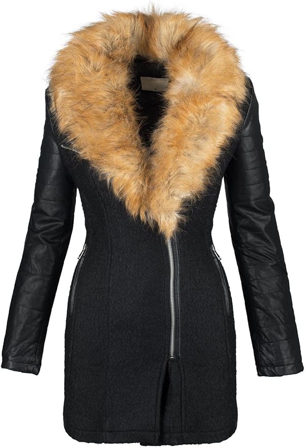 Damen Winter Wollmantel Jacke Parka Mantel Kunstleder Ärmel Fellkragen