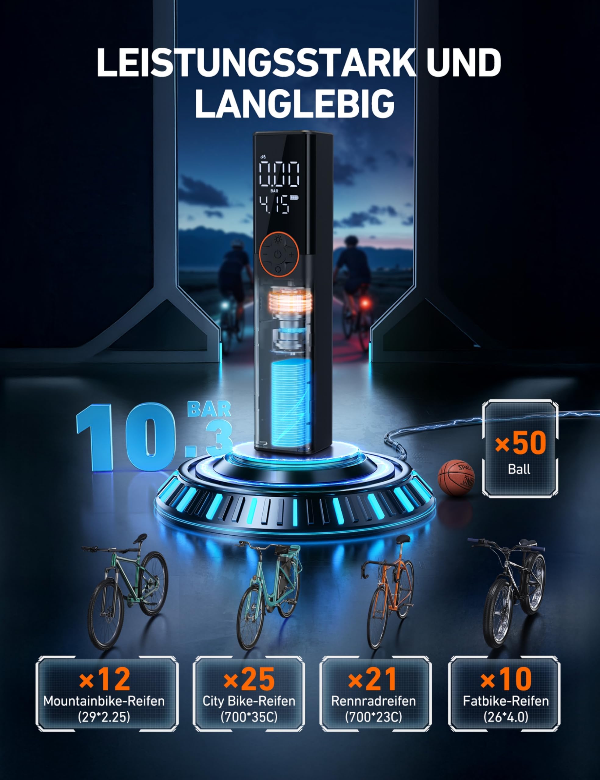 AstroAI Fahrradpumpe Elektrische Luftpumpe, 150PSI Mini Tragbare Akku Fahrradpumpe alle ventile, Hochspannungsmotor Speziell für Fahrrad, Wiederaufladbare für Stadtrad, Rennrad, Mountainbike, Orange 4