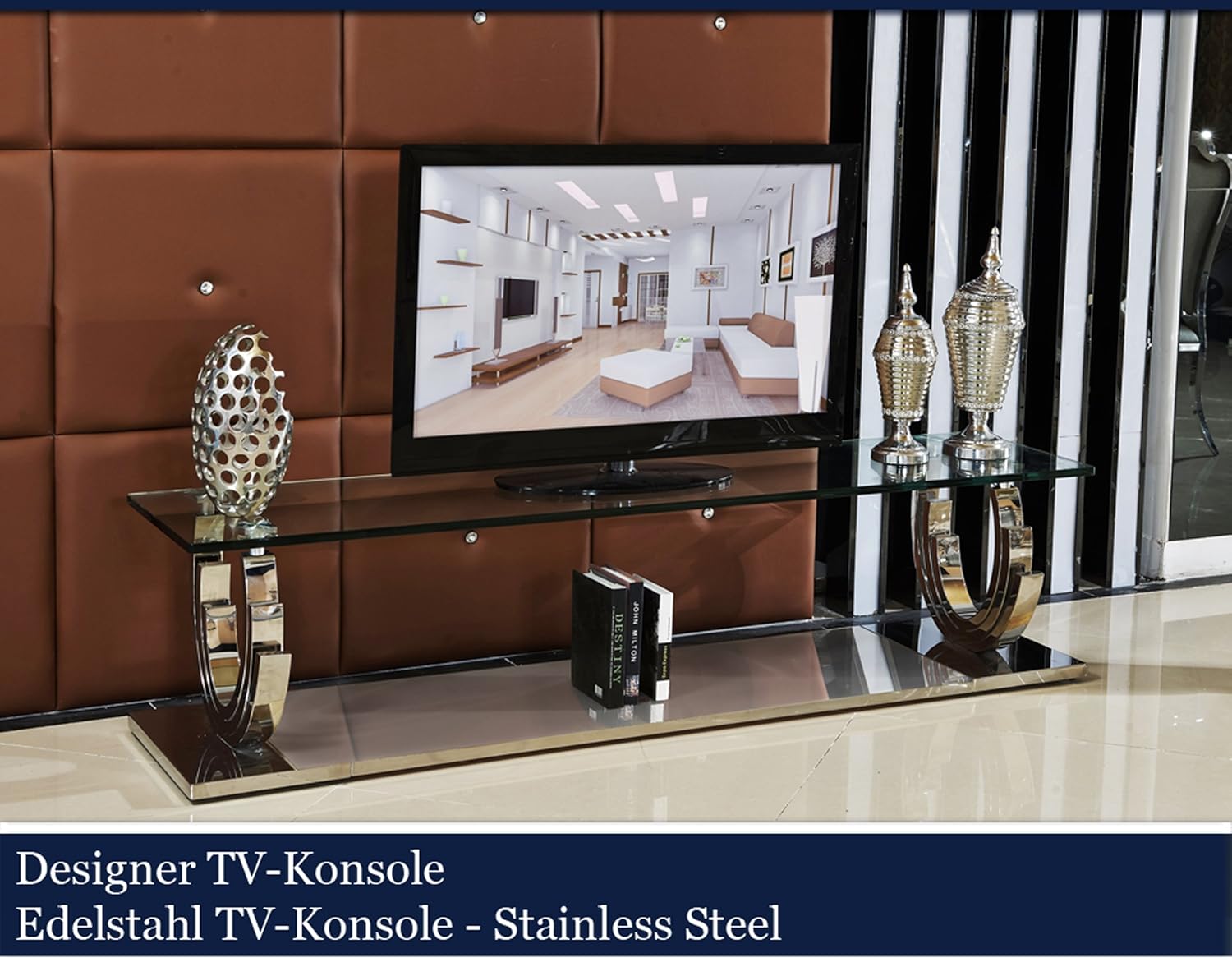 Designer TV-Konsole Edelstahl Konsolentisch Tisch Glastisch Glas