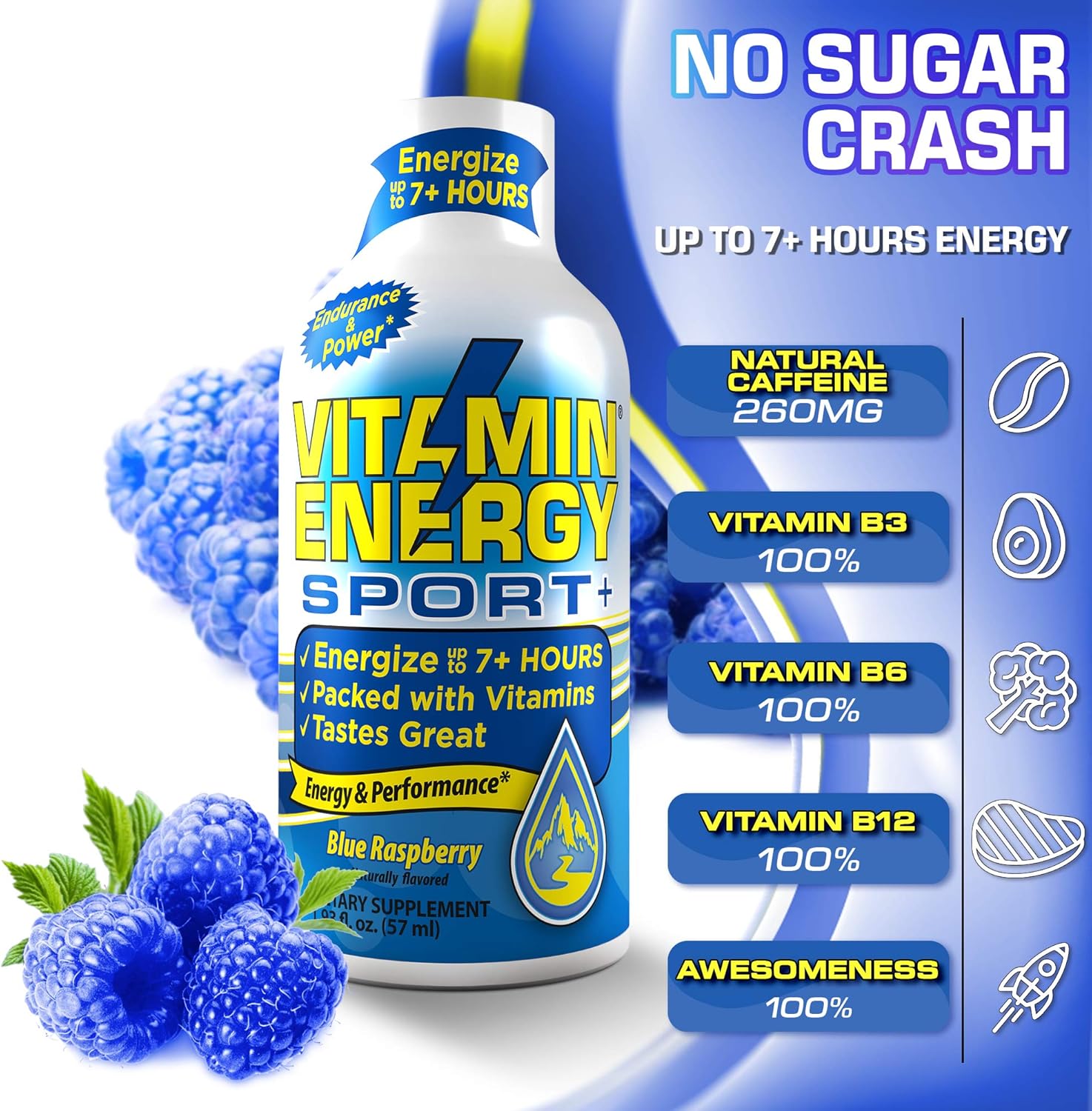 (48 Pack) VitaminEnergy™ Sport+ Energy Shots, Lasts up to 7+ Hours, Blue Raspberry Energy Drink With Electrolytes, Vitamin Supplements, Natural Caffeine, and Energy Boosting Keto Drink, 1.93 fl oz Ea.: Health & Personal Care