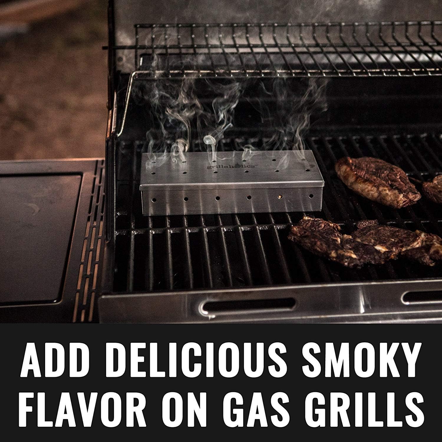 Grillaholics Smoker Box, Top Meat Smokers Box in Barbecue Grilling Accessories, Add Smokey BBQ Flavor on Gas Grill or Charcoal Grills with This Stainless Steel Wood Chip Smoker Box: Garden & Outdoor