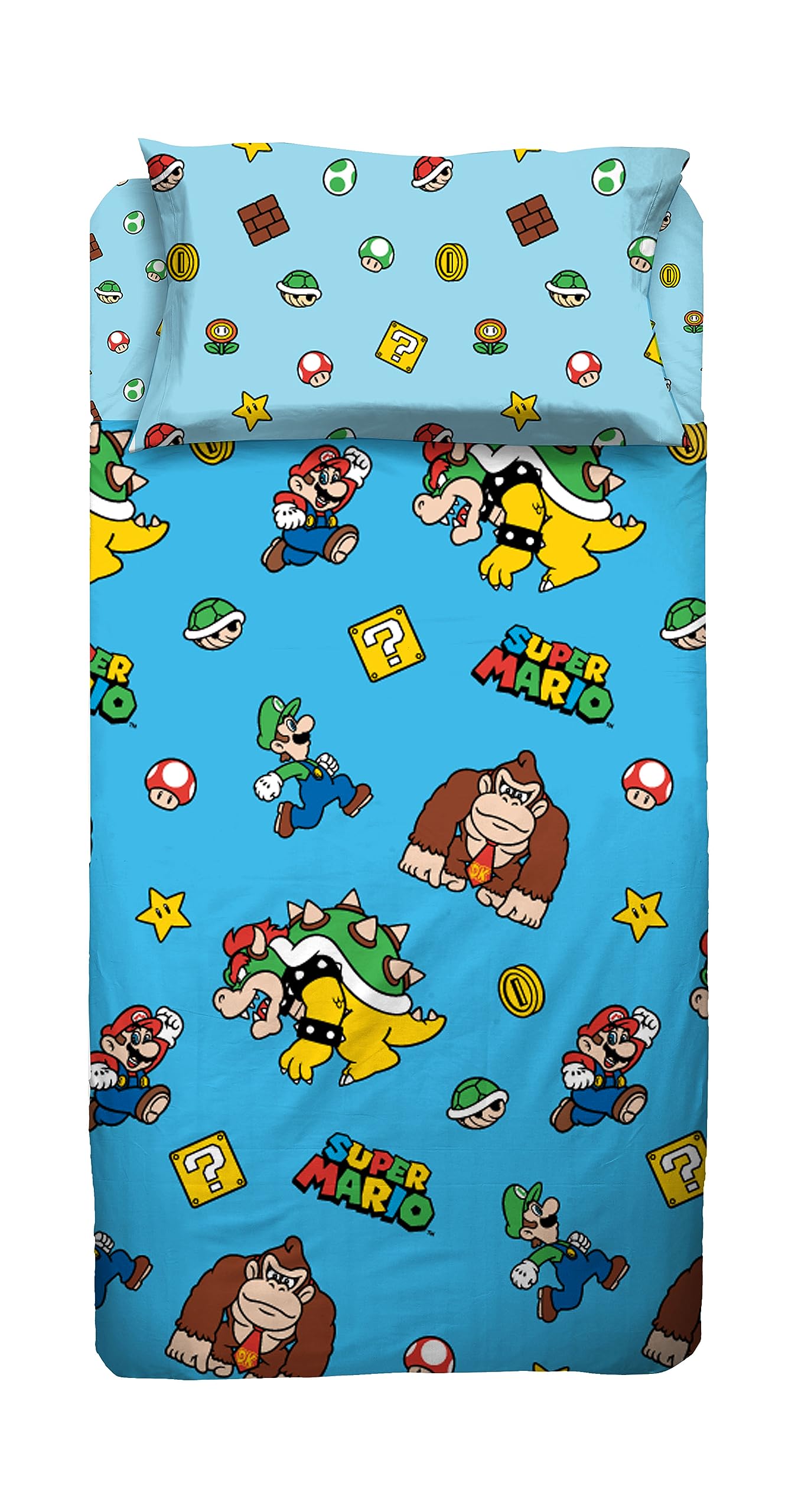 Super Mario Single Bed Sheet Set, Single Room, Pillowcase, Top Sheet, Fitted Sheet, 100 Percent Cotton, Light Blue