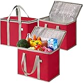VENO 3 Pack Cooler Bag and Insulated Grocery Bags for Food Delivery, Collapsible Cooler, Reusable Shopping Bags for Groceries with Zipper, Foldable, Heavy-Duty, Stands Upright (Red, 3 Pack)