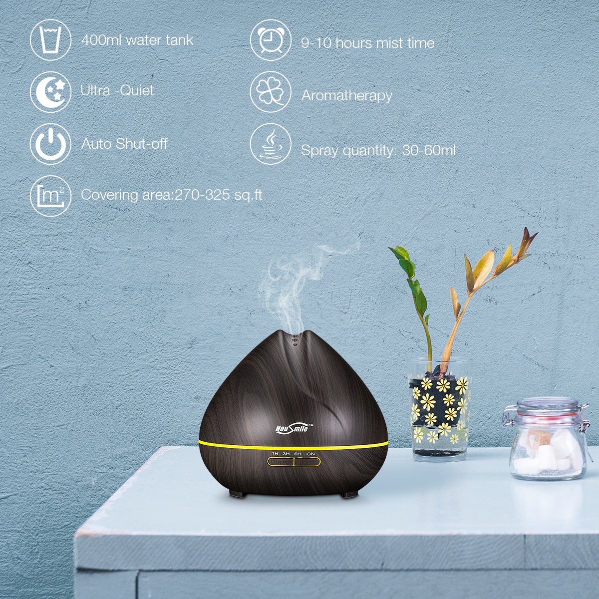 Housmile 400ml Aromatherapy Essential Oil Diffuser Ultrasonic Cool Mist Humidifier with 7 Color LED Lights Waterless Auto Shut-off, Wood Grain