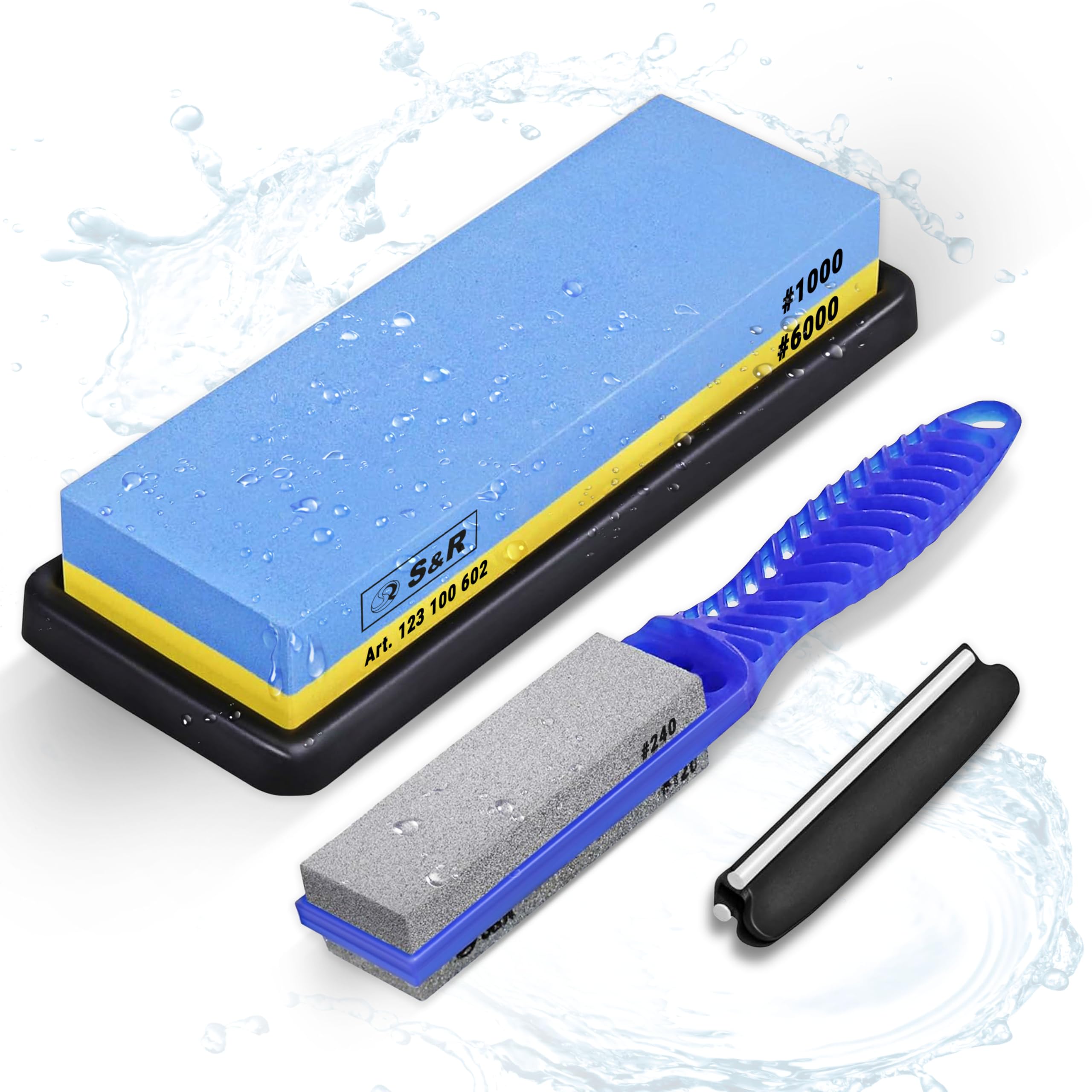 S&R Whetstone Sharpening Stone 4 Pcs.: 2-Sided Grinding Sharpener Grit 1000/6000, with Silicone Holder, Angle Guide and Portable 2-Sided Grinding Stone Grit 120/240, 100% Corundum