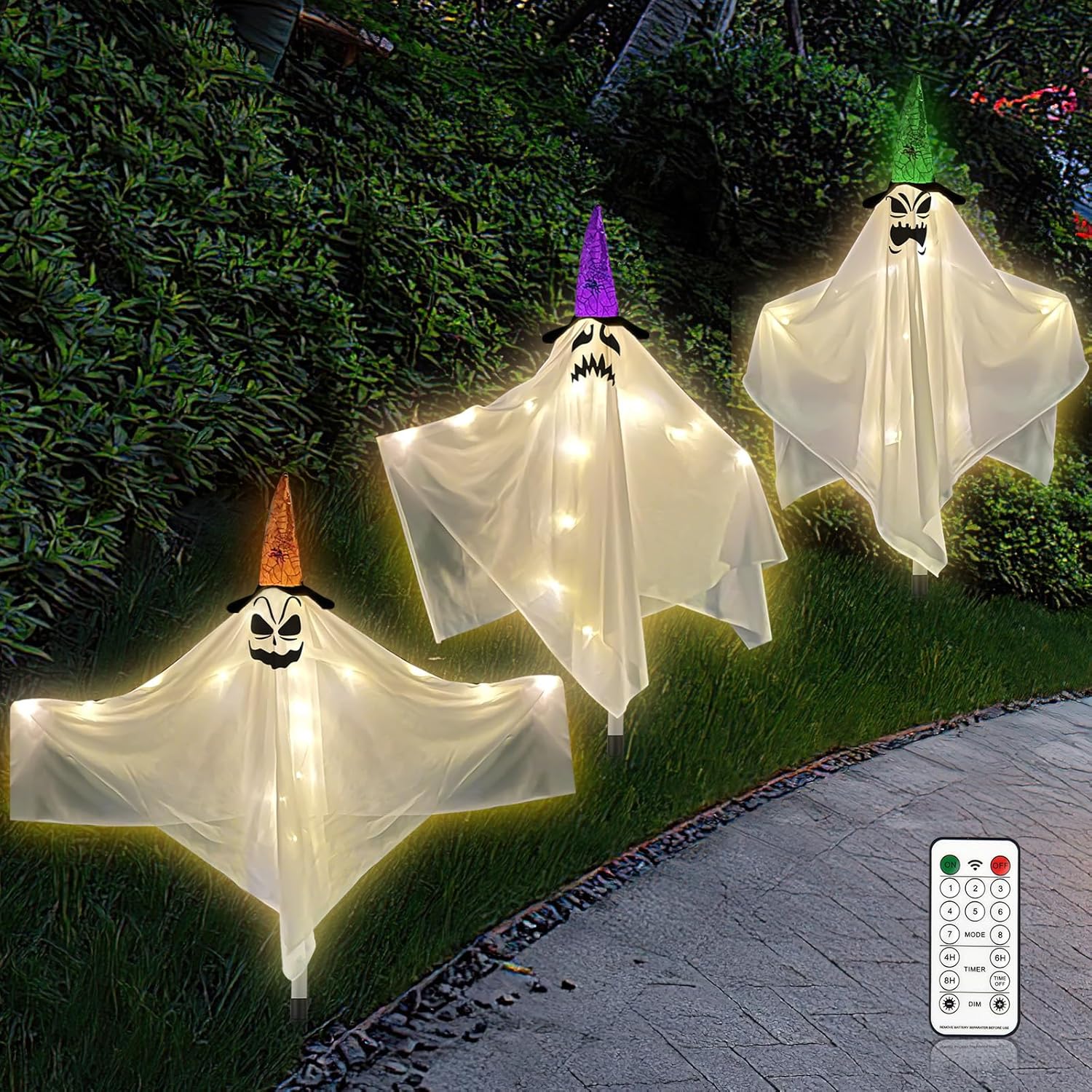 Decorative Garden Stakes - Halloween Ghost Pathway Stake Lights, 3-Pack White Outdoor Ghost Decorations with LED Waterproof Battery, Creepy Spooky Ghost Yard Stakes with Remote Control for Porch, Patio, Lawn Haunted House