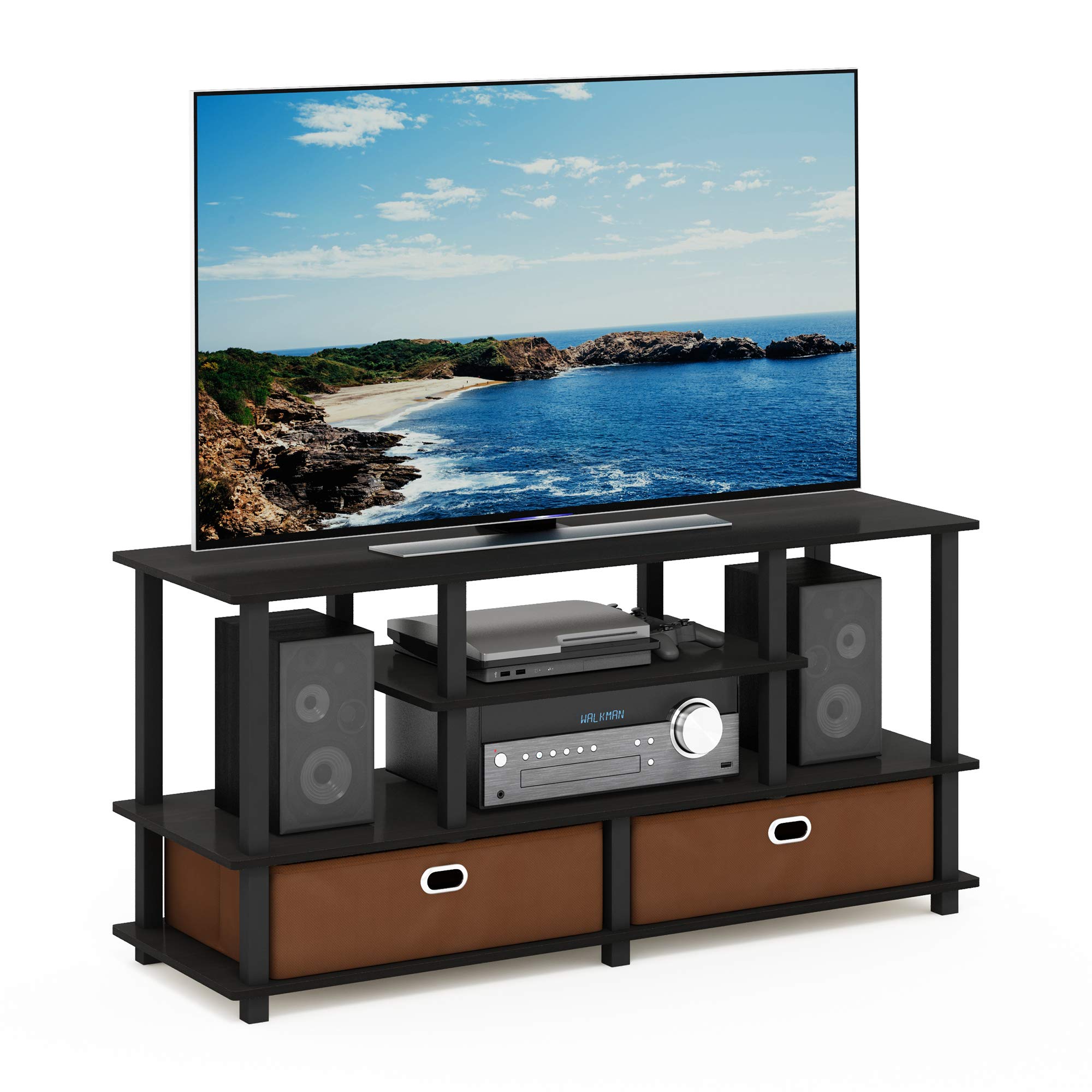 Furinno JAYA TV Stand, 4-Tier Entertainment Center, TV Console for TV up to 55 Inch with 2 Storage Bins and Open Shelves, for Living Room, Bedroom, Black