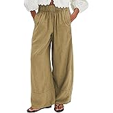 Ziqoty Women's Linen Wide Leg Pants Elastic Waist Summer Boho Palazzo Pants Beach Vacation Casual Trousers with Pockets