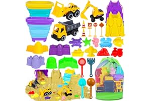 Beach Sand Toys for Kids - 31Pcs Sandbox Toy Set with 3 Trucks, 2 Collapsible Buckets, 2 Castle Buckets, Sand Molds, Shovels 