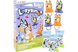 Galerie Bluey Lollipop Rings, Orange and Blue Raspberry Flavored, Individually Wrapped Party Favor Candy, Box of 18