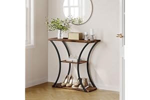 Hoctieon 3 Tier Console Table with Open Wood Shelves, Decorative Entryway Table with Curved Metal Frames, Narrow Sofa Table for Entrance, Living Room, Hallway, Rustic Brown+Black