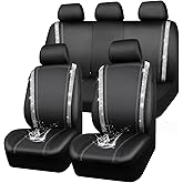 CAR PASS Bling Diamond Car Seat Covers Full Set, Shining Rhinestone Waterproof Faux Leather, Rear with Zipper, Universal Fit Automotive Glitter Crystal Sparkle Strips for Cute Women Girl, Silver