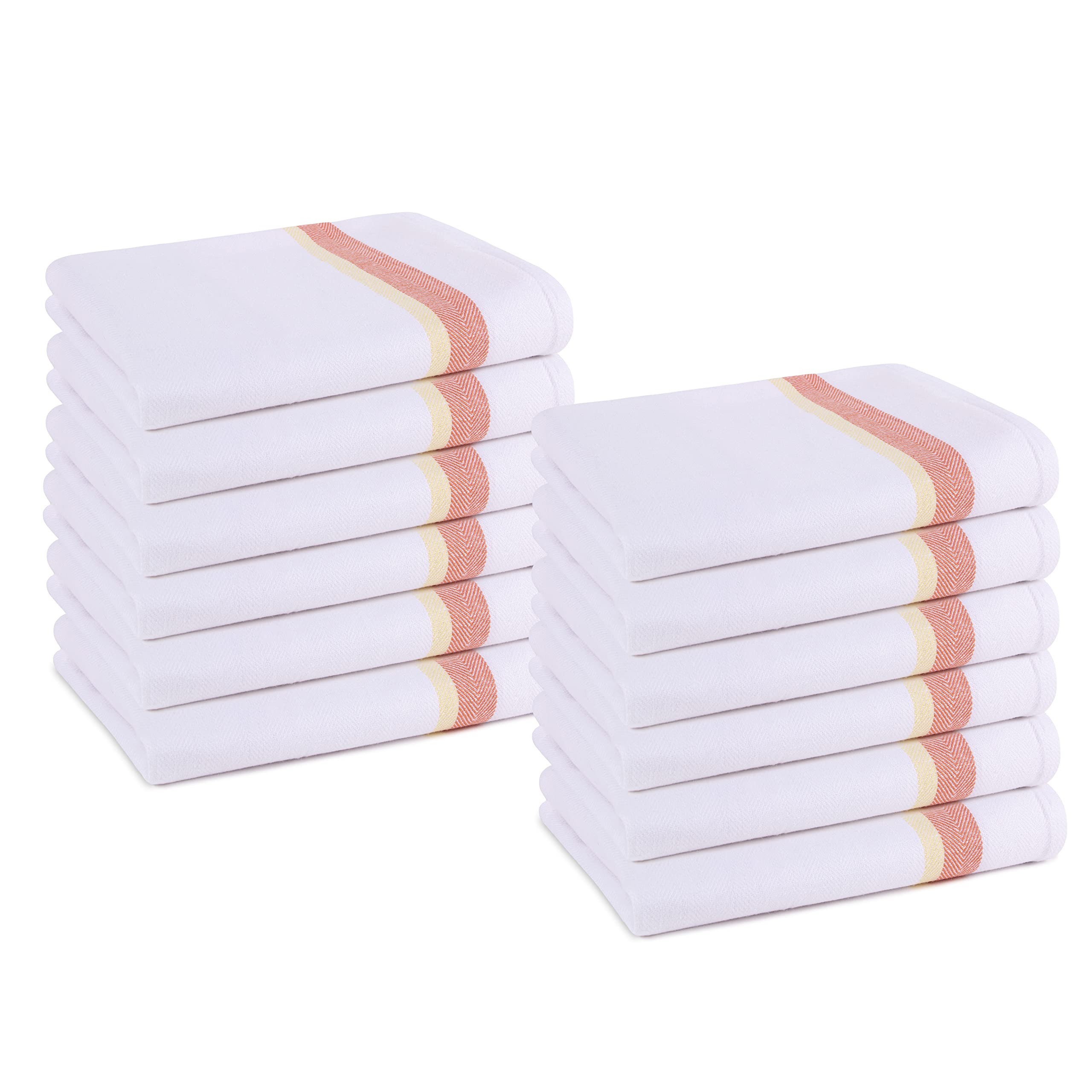 Pagnanno Tea Towels, Soft and Absorbent – Multi Pack of Large Classic Herringbone Weave, Lint Free, Cotton Kitchen Dish Towels 45x70 cm in White with blue, green and orange stripes (Orange Stripe, 12)