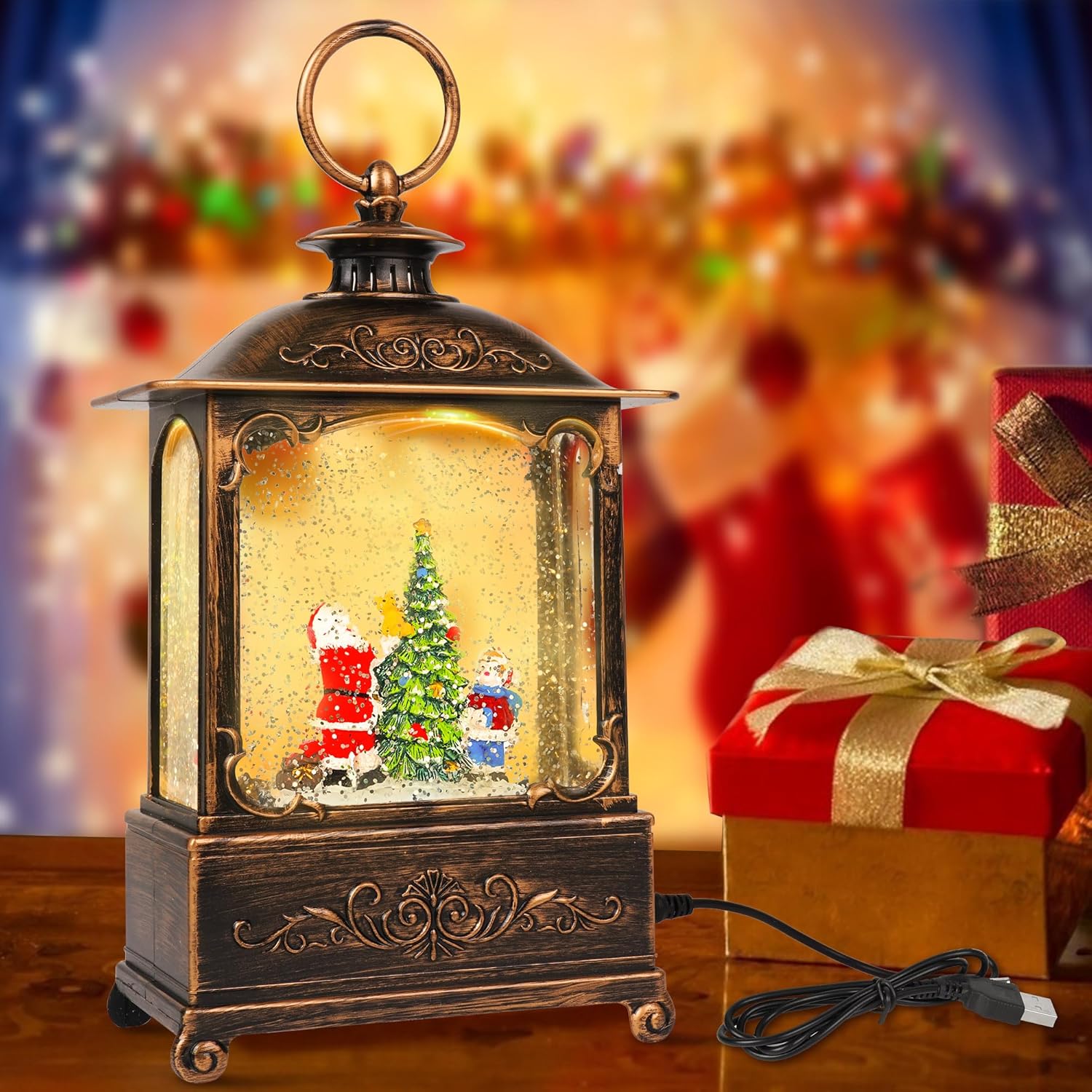 Snow Globes - 10.8'' Christmas Snow Globe Lantern USB Power Snowing Water Glitters Lighted Singing Snow Globe Lantern Christmas with 6H Timer, Musical LED Lighted Scene for Christmas Home Decoration (Santa Claus)