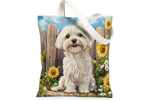 Spring Maltese Dog Canvas Tote Bag for Shopping 13x15, Sunflower Fence Puppy Reusable Grocery Print Bag for Women, Farmhouse 
