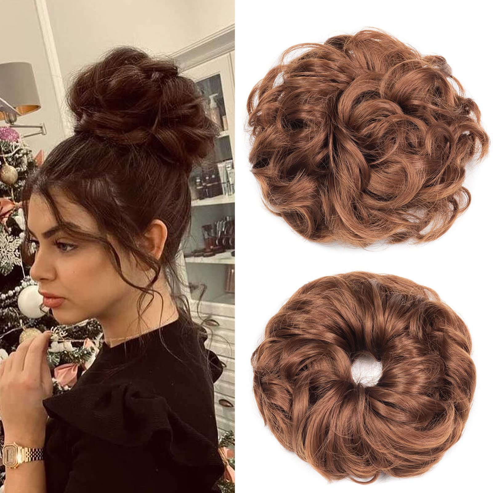 Gairyan Hair Scrunchies Hair Bun Hair Pieces Messy Bun Tousled Updo Curly Donut Hair Chignon Wavy Ponytail Hair Pieces for Women 40g (Light Auburn)