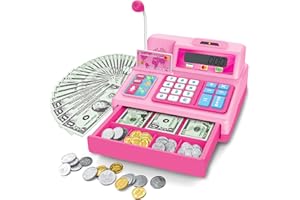 BAODLON Calculator Cash Register - 103 Pcs Pink Toy Cash Register, Microphone, Credit Card and Banking for Kids, Early Math Skills Toys Gifts for 3, 4, 5, 6 7 8+ Years Old Boys Girls