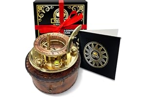 OAKIWAY Brass Sundial Compass in Leather Case - Nautical Gifts for Men, Antique Sailing Anniversary Vintage Gifts, Unusual Unique Nautical Decor, Naval Maritime Pocket Watch Clock (4.1" Inch)