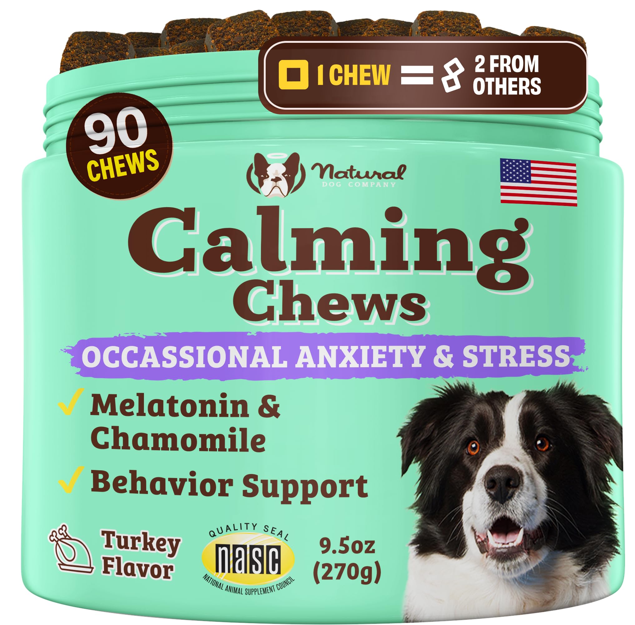 Natural Dog Company Calming Bites (90 Chews) | Peanut Butter and Bacon Flavor | Chewable Calming Treats for Dogs | with Melatonin and Chamomile | Vet-Approved Relaxant and Composure Supplement