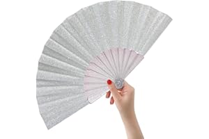 HeyToo 9inch Glitter Women Handheld Fan with Shining Transparent Fan Rib for Wedding,Church,Festival,Dance,Party Prom,Club,EDM Accessory Silver