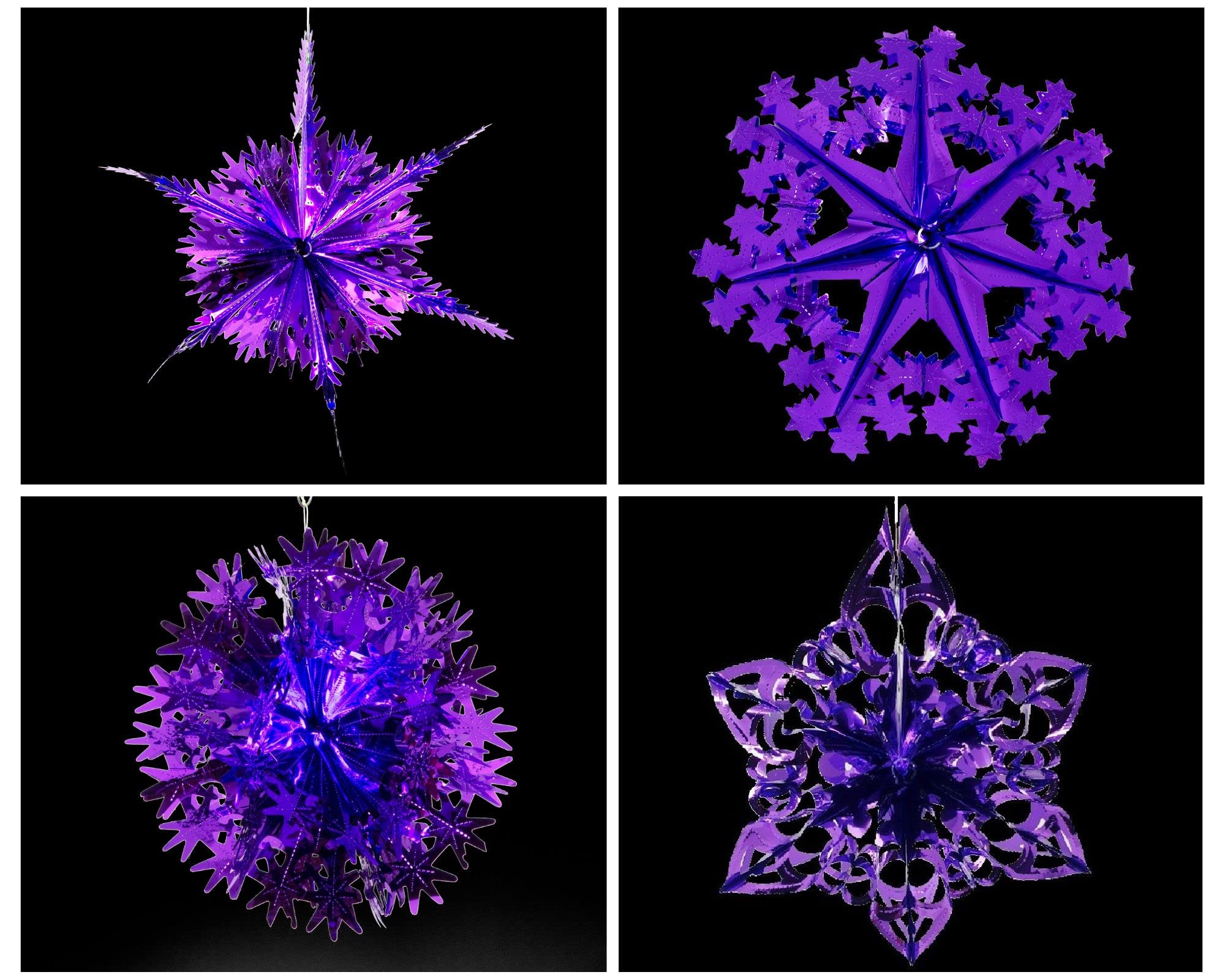 Simply Products Set of 4 40cm Christmas Foil Ceiling Garland Hanging Xmas Decoration, Long Star, Snowflake, Star Ball & Star (Dark Purple)